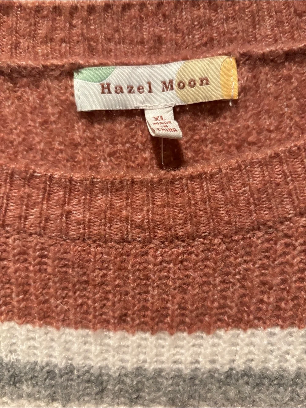 NWT Hazel Moon Rusty Mauve and Gray Striped Crewneck Sweater Size xL